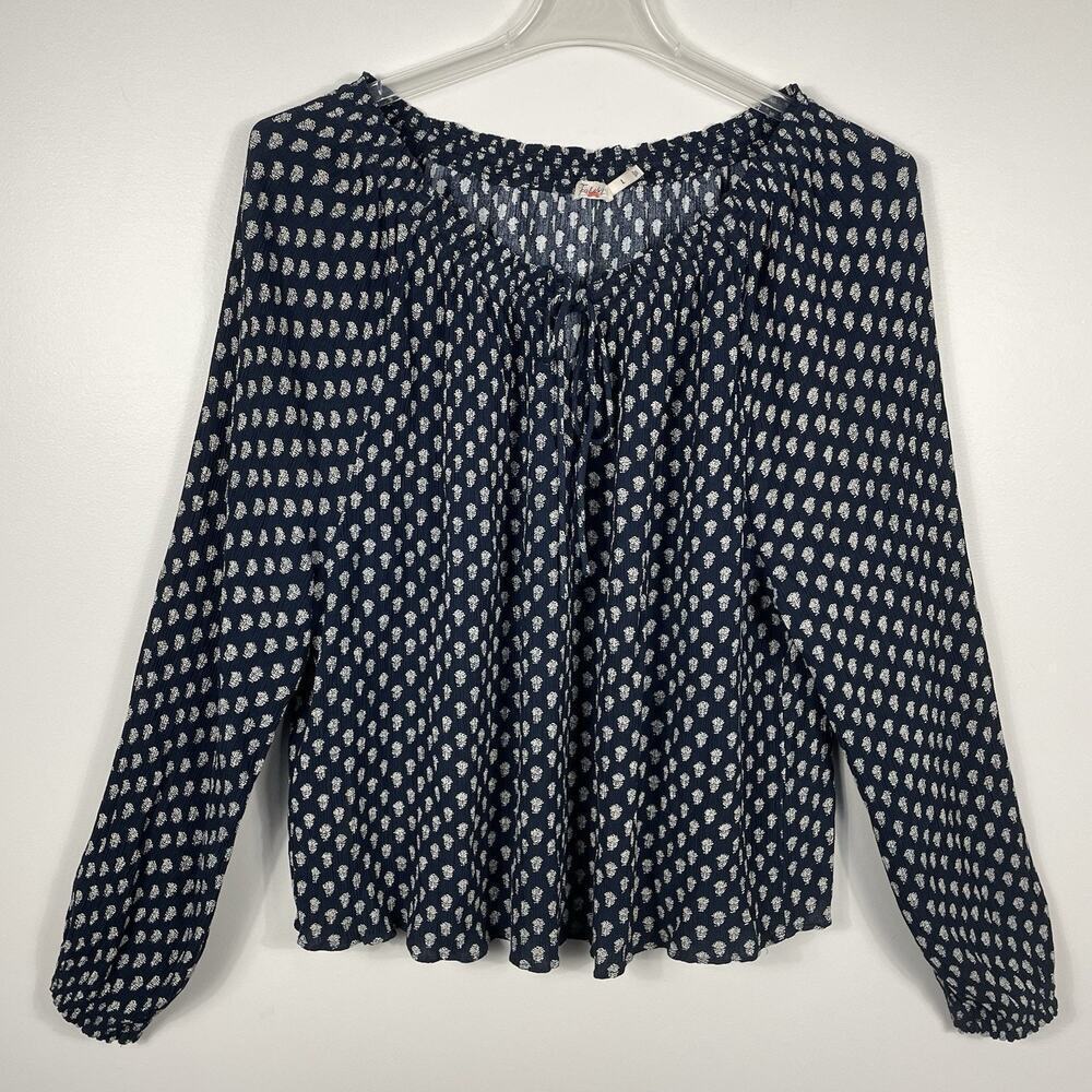 Faherty Emery Peasant Top Women's L Navy Lotus Floral Boho Cottagecore Prairie - Picture 1 of 9